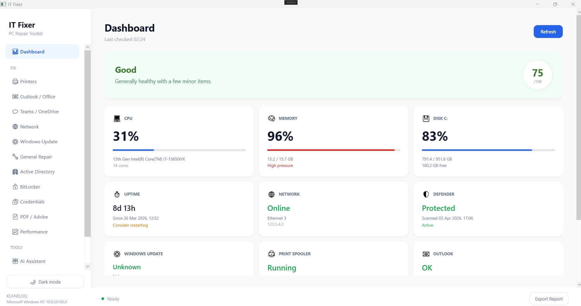 IT Fixer dashboard showing health monitoring with CPU, memory, disk, network, and security status